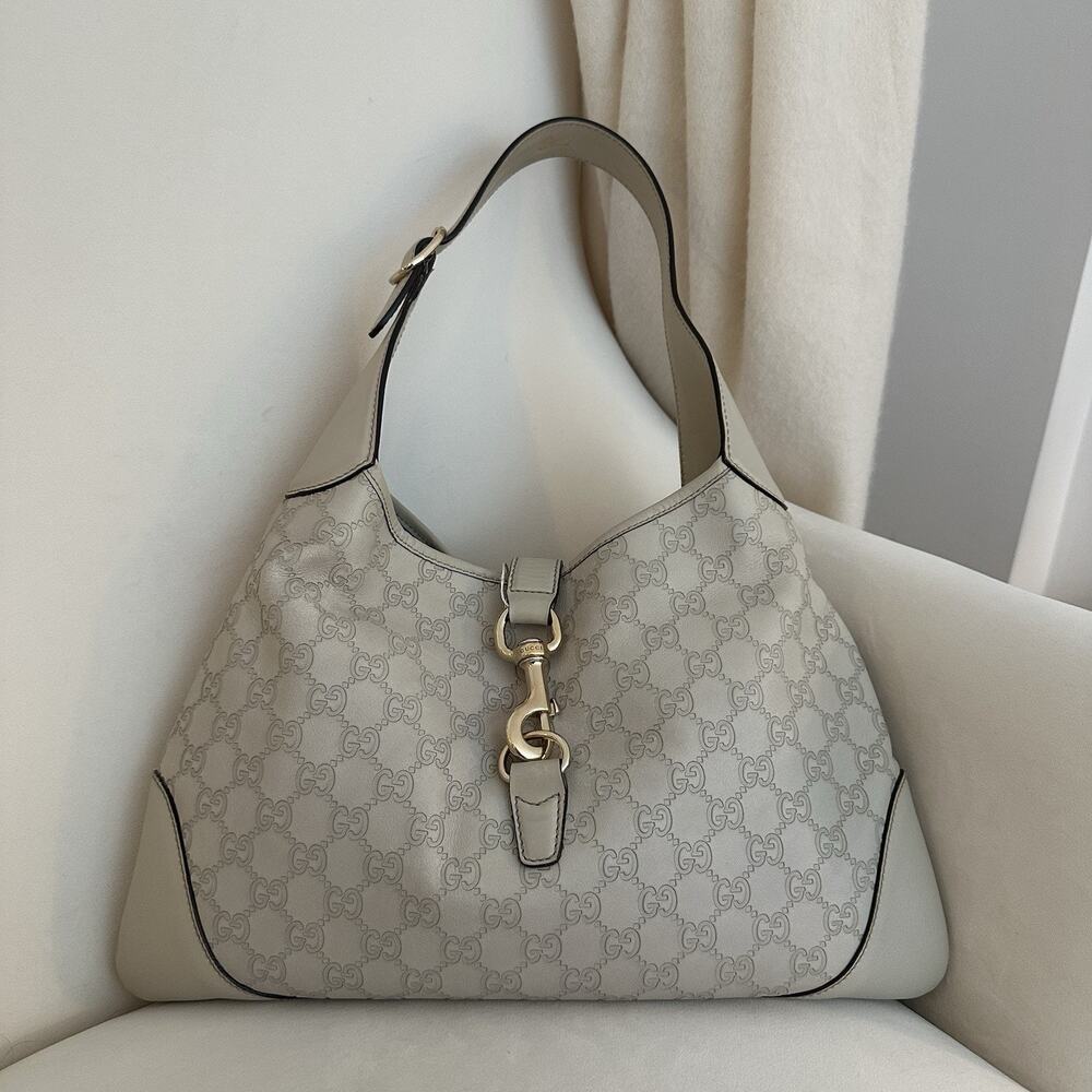 AUTH Gucci Jackie Hobo Bag Beige Leather Guccissima Logo Embossed w/ Dust Bag